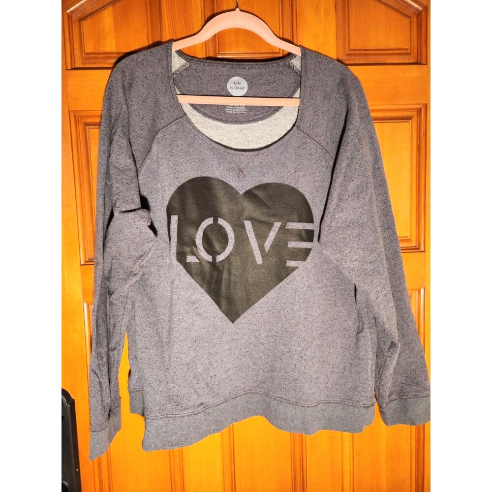 Life is Good Charcoal Grey Top LOVE Heart Wide Neck Raglan Women's Size XXL